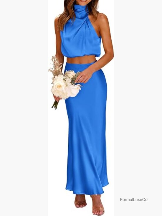 Dresses & Skirts - 2 Piece Satin Mock Neck Crop Top & Maxi Skirt Set Summer Outfit